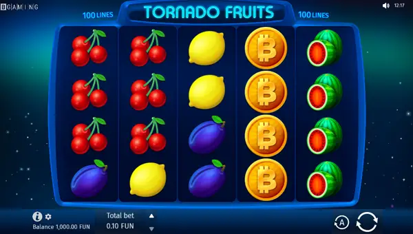 Tornado Fruits base game screenshot showing reels and features
