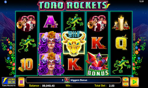 Toro Rockets base game screenshot showing reels and features
