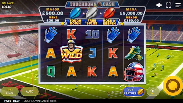 Touchdown Cash base game screenshot showing reels and features