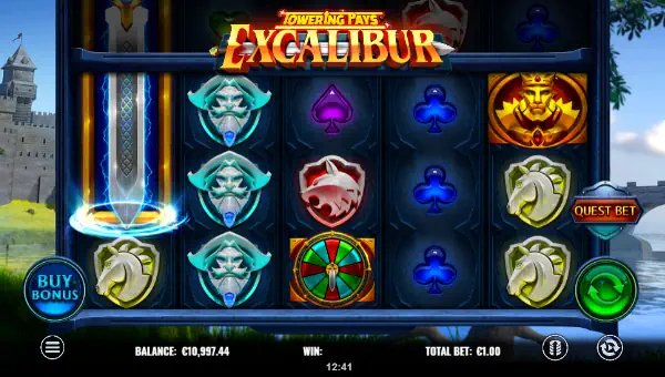 Towering Pays Excalibur base game screenshot showing reels and features