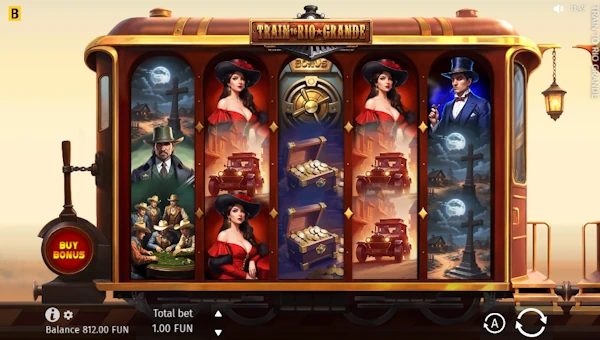Train to Rio Grande base game screenshot showing reels and features
