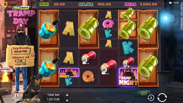 Tramp Day Trueways base game screenshot showing reels and features