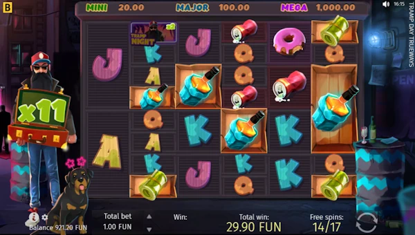 Screenshot of Tramp Day Trueways slot demo showing reels and bonus game features
