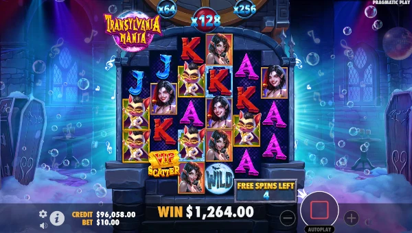 Screenshot of Transylvania Mania slot demo showing reels and bonus game features