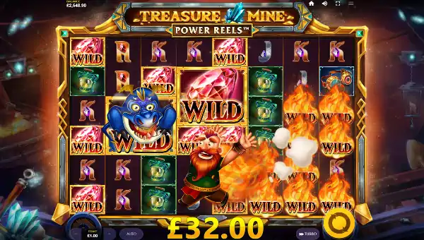Treasure Mine Power Reels base game screenshot showing reels and features