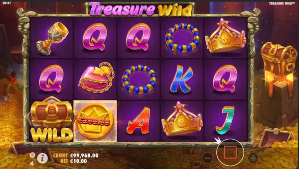 Treasure Wild base game screenshot showing reels and features