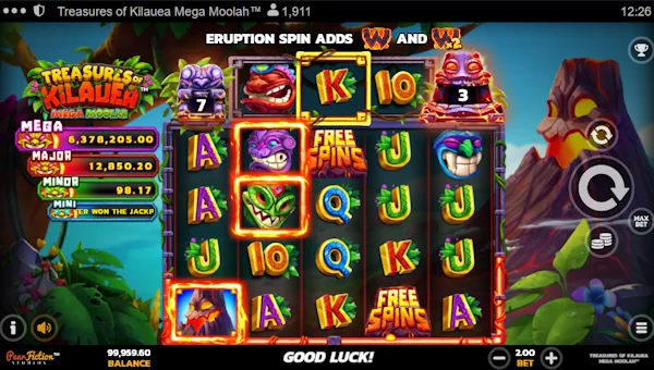 Treasures of Kilauea Mega Moolah base game screenshot showing reels and features