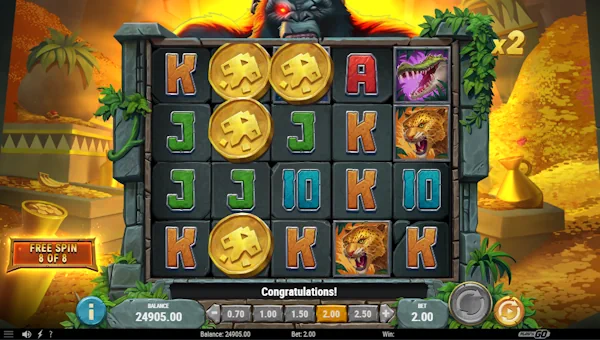 Screenshot of Treasures of Kongar slot demo showing reels and bonus game features