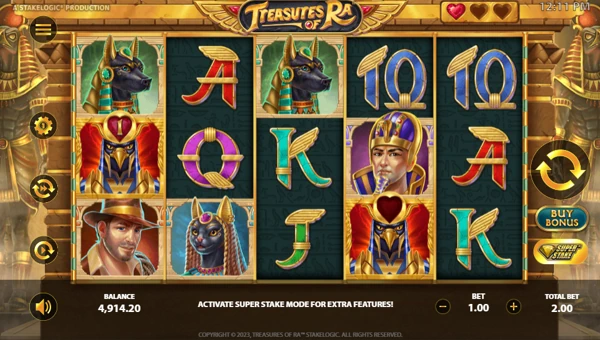 Treasures of Ra base game screenshot showing reels and features
