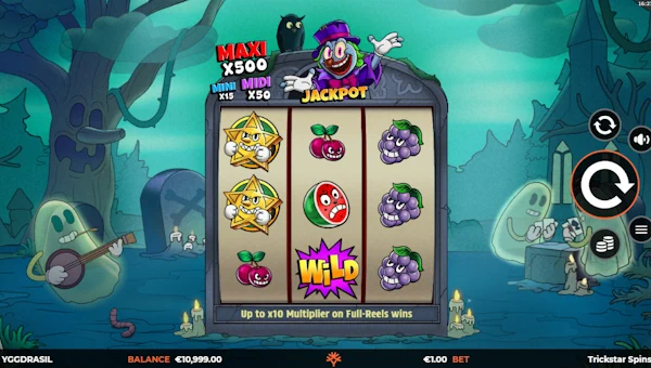 Trickstar Spins base game screenshot showing reels and features