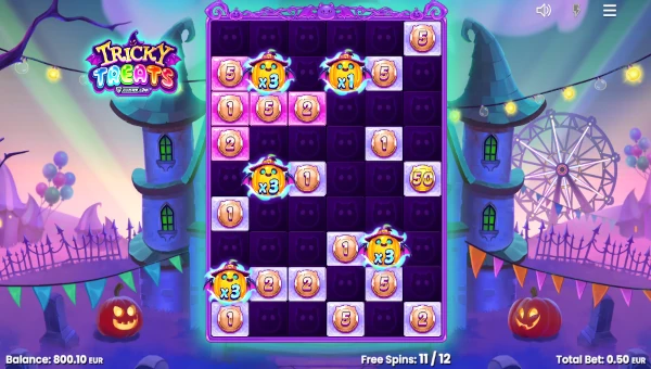 Screenshot of Tricky Treats slot demo showing reels and bonus game features