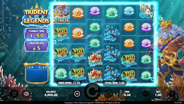 Screenshot of Trident of Legends slot demo showing reels and bonus game features