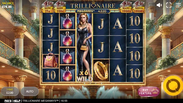 Trillionaire Megaways base game screenshot showing reels and features