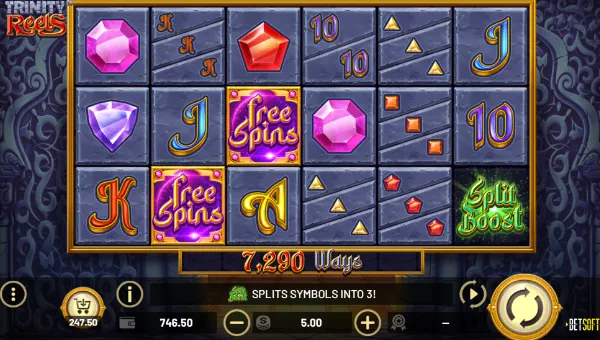Trinity Reels base game screenshot showing reels and features