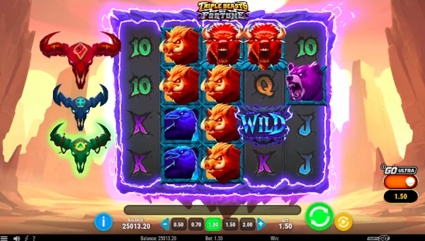 Triple Beasts Of Fortune base game screenshot showing reels and features