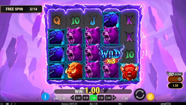 Screenshot of Triple Beasts Of Fortune slot demo showing reels and bonus game features