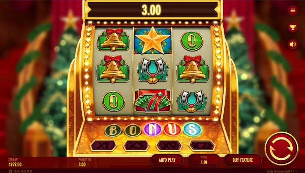 Triple Christmas Gold base game screenshot showing reels and features