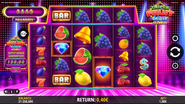 Triple Fruit Deluxe Megaways base game screenshot showing reels and features
