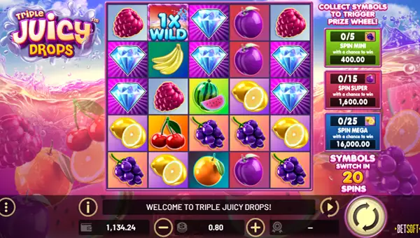 Triple Juicy Drops base game screenshot showing reels and features