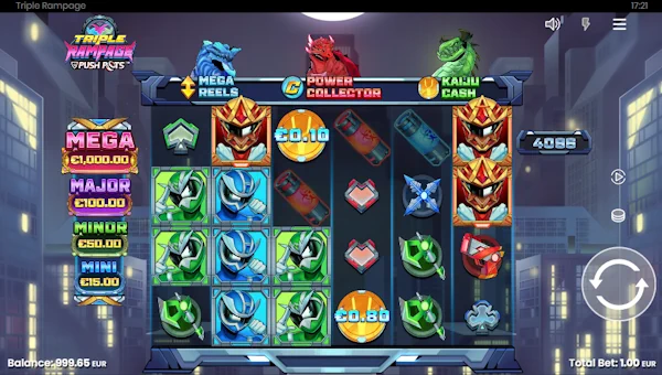 Triple Rampage base game screenshot showing reels and features