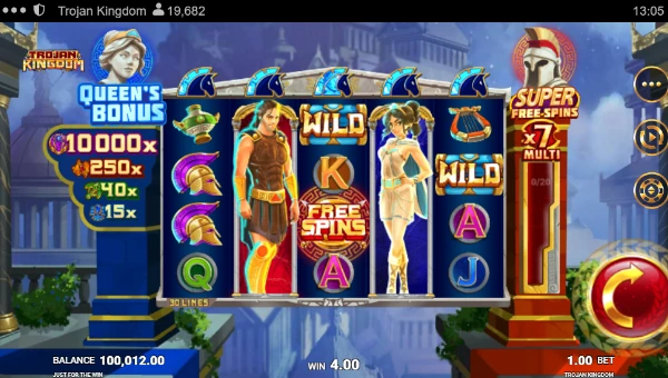 Trojan Kingdom base game screenshot showing reels and features