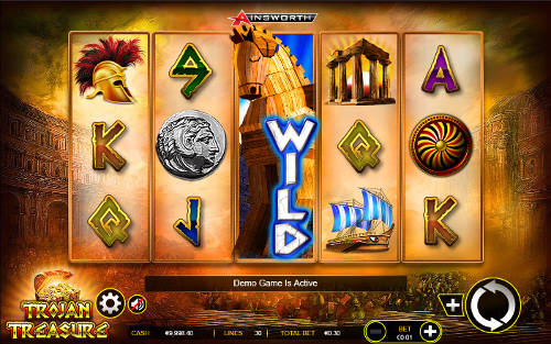 Trojan Treasure base game screenshot showing reels and features