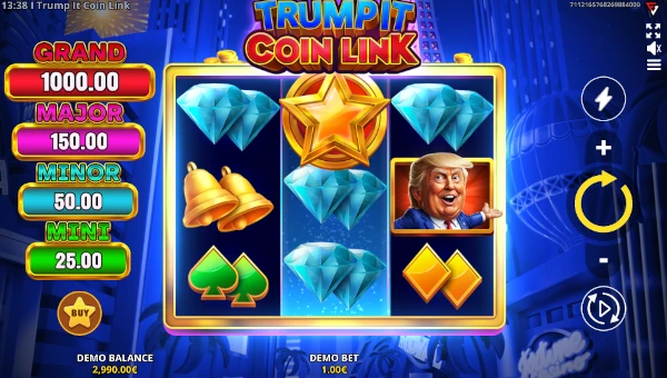 Trump It Coin Link base game screenshot showing reels and features