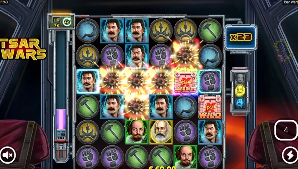 Screenshot of Tsar Wars slot demo showing reels and bonus game features