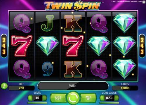 Twin Spin base game screenshot showing reels and features