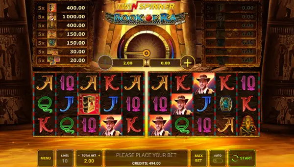 Twin Spinner Book of Ra Deluxe base game screenshot showing reels and features