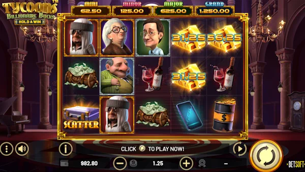 Tycoons Billionaire Bucks base game screenshot showing reels and features