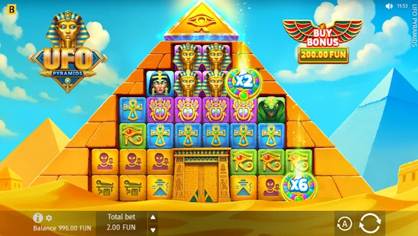 UFO Pyramids base game screenshot showing reels and features
