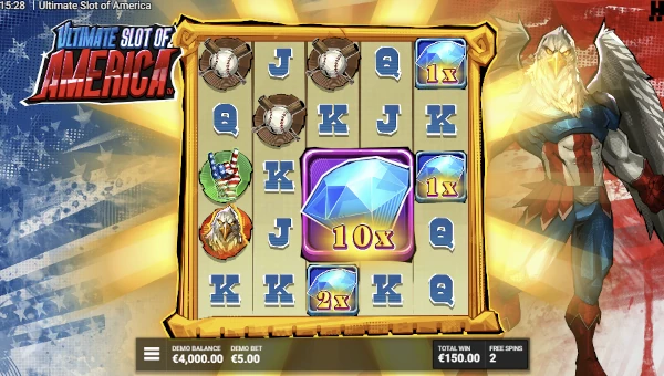 Screenshot of Ultimate Slot of America slot demo showing reels and bonus game features