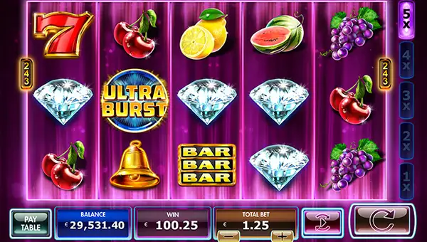 Ultra Burst base game screenshot showing reels and features