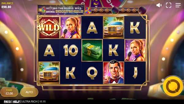 Ultra Rich base game screenshot showing reels and features