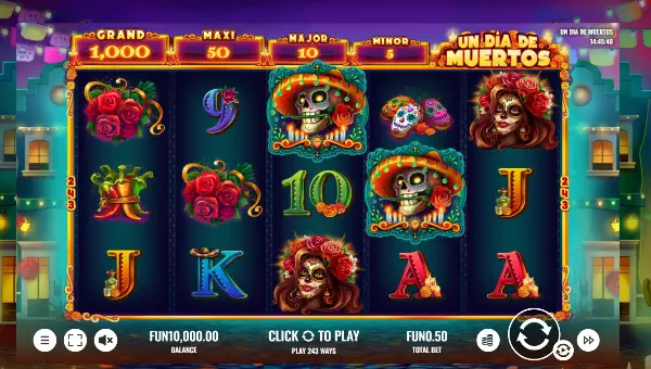 Un Dia De Muertos base game screenshot showing reels and features
