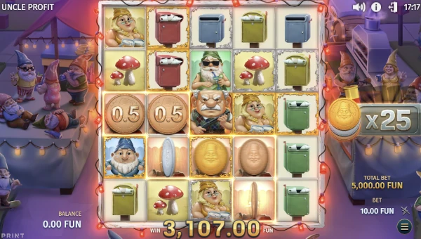 Screenshot of Uncle Profit slot demo showing reels and bonus game features