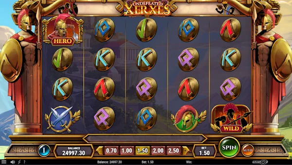 Undefeated Xerxes base game screenshot showing reels and features