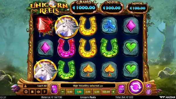 Unicorn Reels base game screenshot showing reels and features