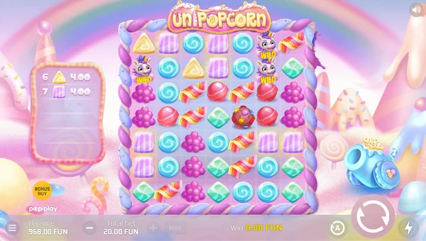 Unipopcorn base game screenshot showing reels and features