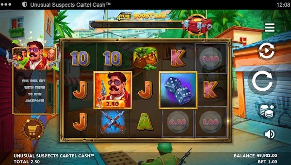 Unusual Suspects Cartel Cash base game screenshot showing reels and features