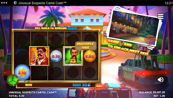 Screenshot of Unusual Suspects Cartel Cash slot demo showing reels and bonus game features
