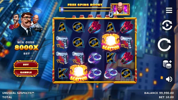 Unusual Suspects base game screenshot showing reels and features