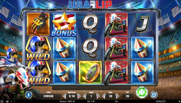 USA Flip base game screenshot showing reels and features