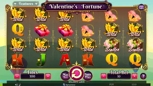 Valentines Fortune base game screenshot showing reels and features