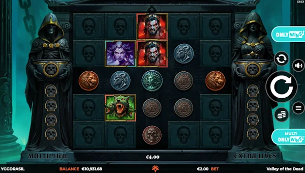 Valley of the Dead OnlyWins base game screenshot showing reels and features
