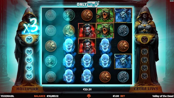 Screenshot of Valley of the Dead OnlyWins slot demo showing reels and bonus game features