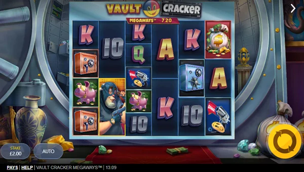 Vault Cracker Megaways base game screenshot showing reels and features