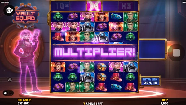 Screenshot of Vault Squad slot demo showing reels and bonus game features