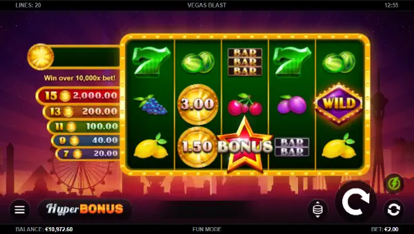 Vegas Blast base game screenshot showing reels and features